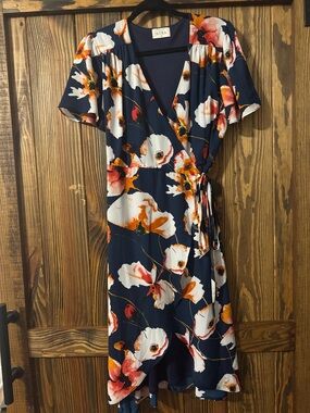 Aura Navy Floral Wrap Midi Dress with White & Orange Blooms